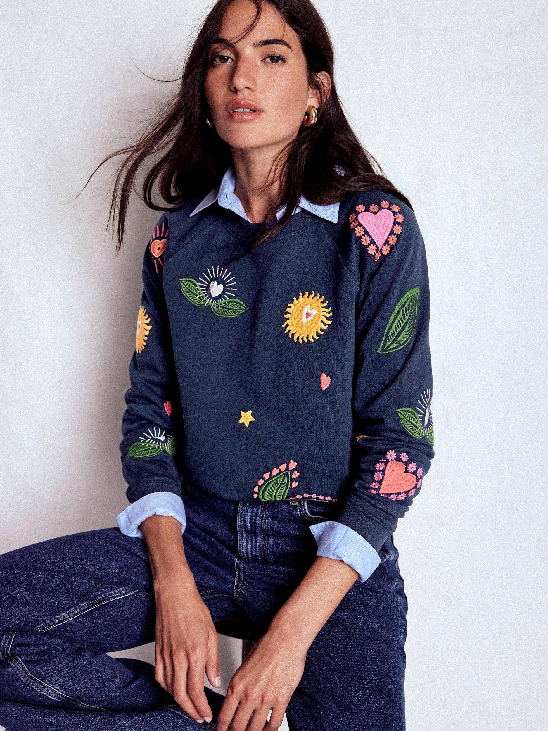 Product image 1 of 5, which shows Boden Rosa Cotton Embroidered Crew Neck Sweater, Navy/Multi, XS
