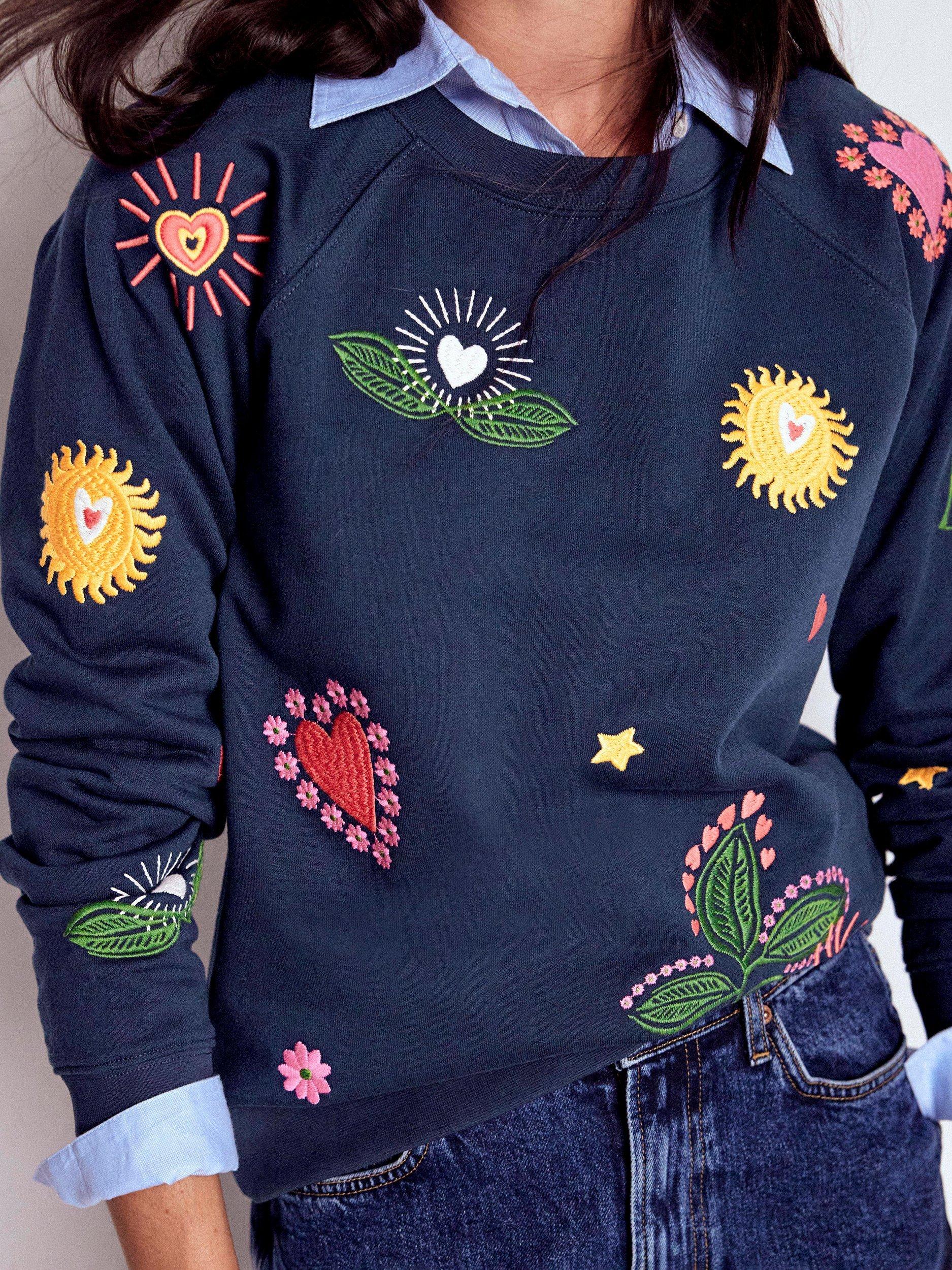 Product image 2 of 5, which shows Boden Rosa Cotton Embroidered Crew Neck Sweater, Navy/Multi, XS