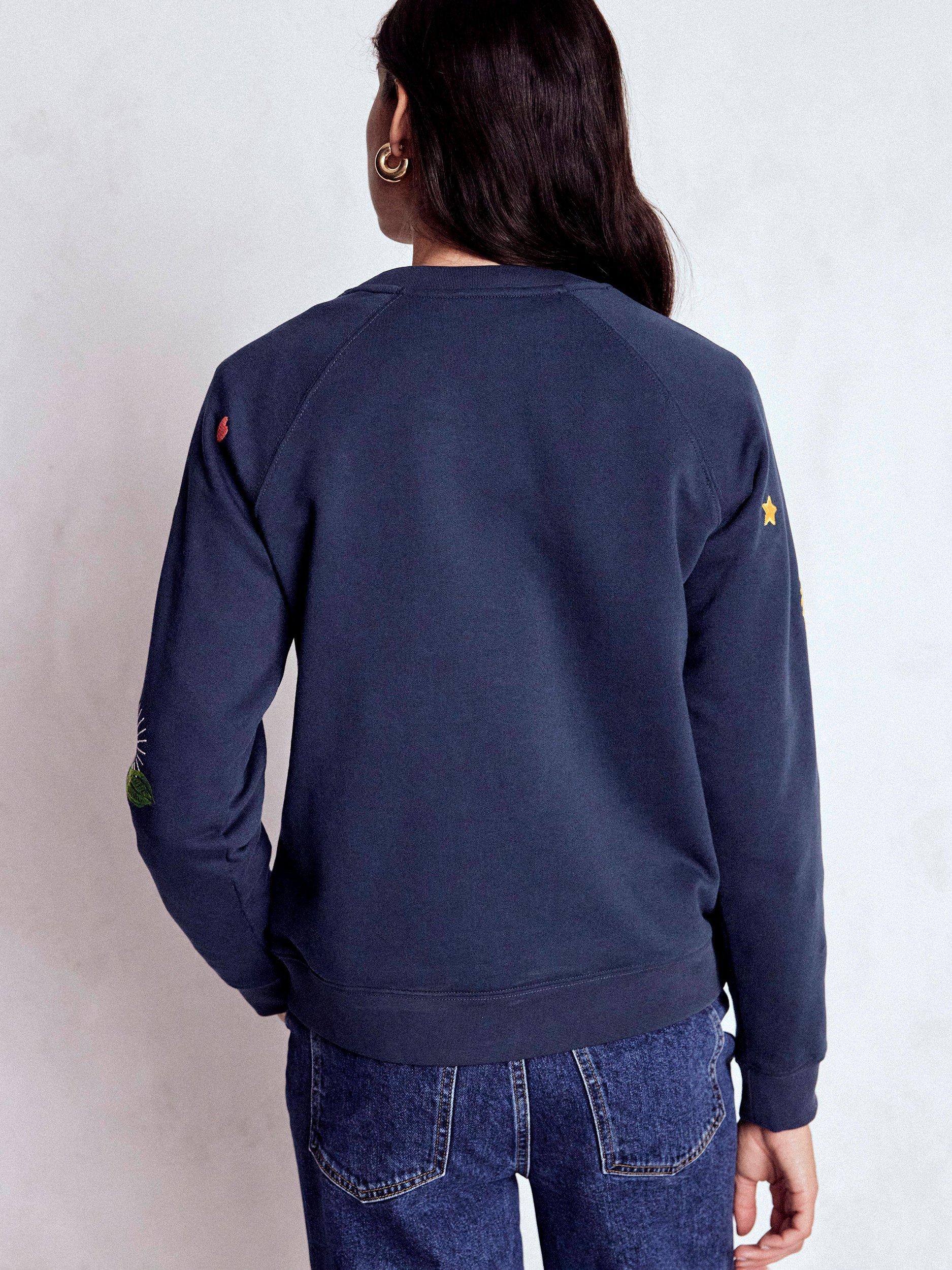 Product image 3 of 5, which shows Boden Rosa Cotton Embroidered Crew Neck Sweater, Navy/Multi, XS