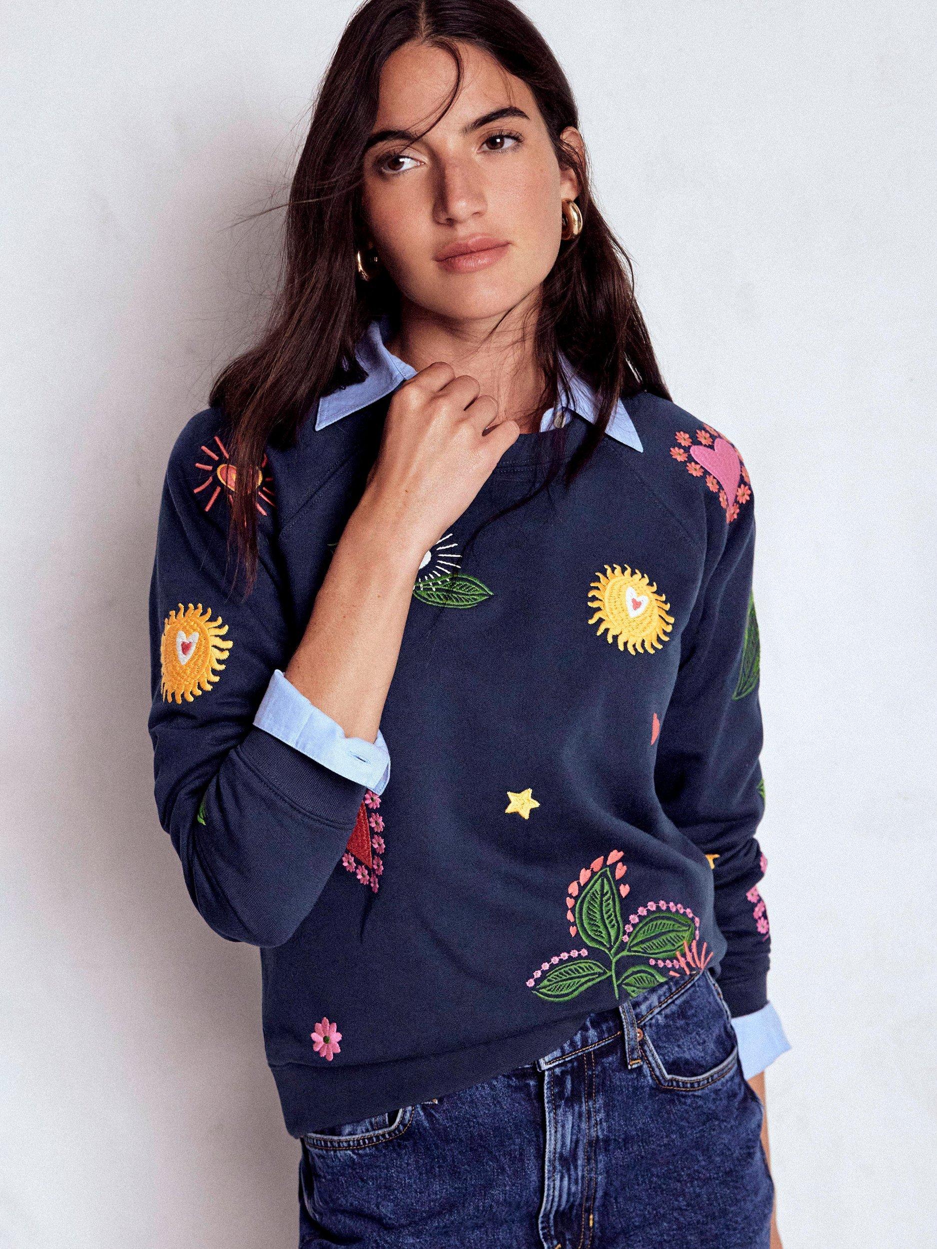 Product image 4 of 5, which shows Boden Rosa Cotton Embroidered Crew Neck Sweater, Navy/Multi, XS
