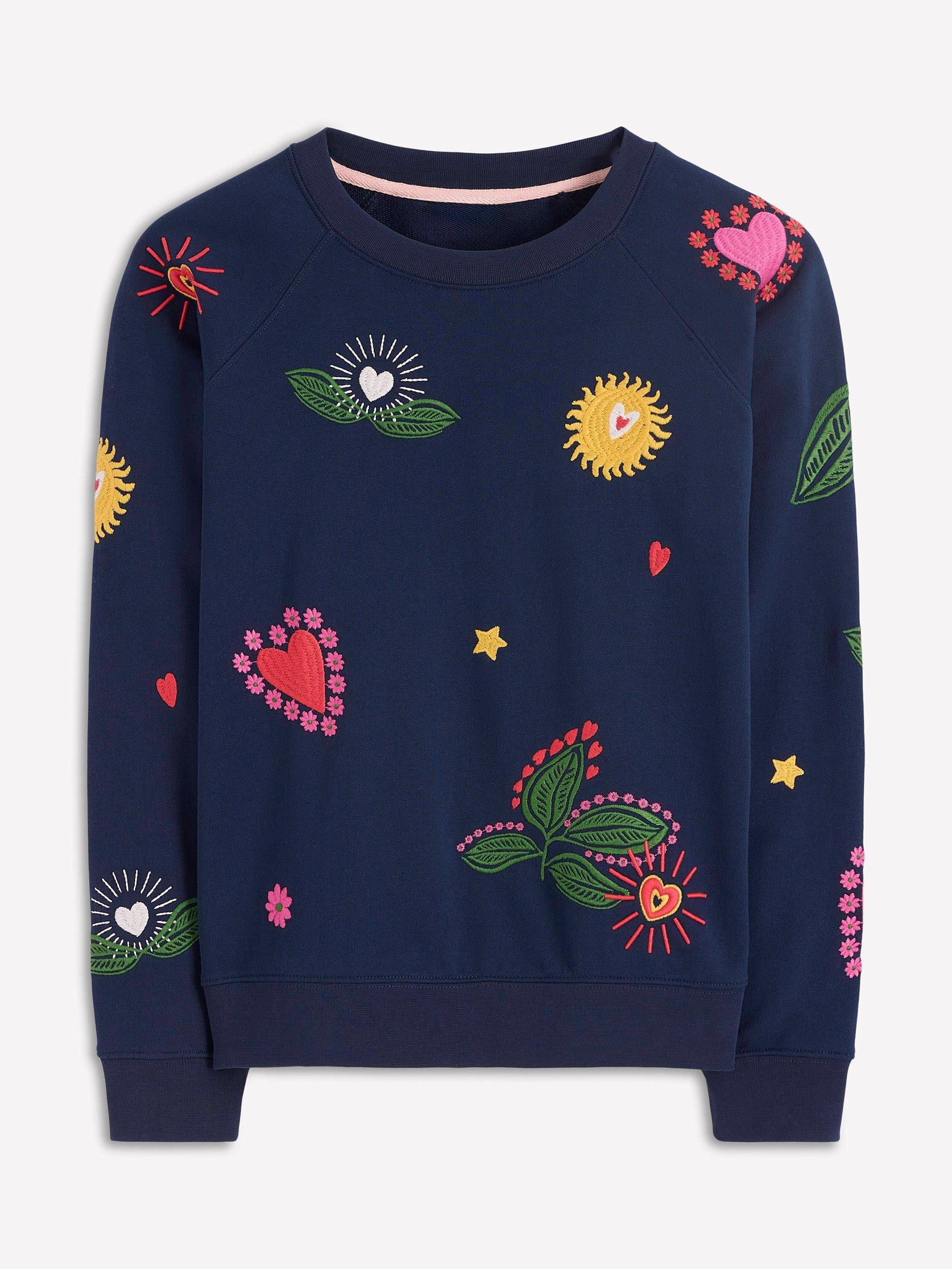 Product image 5 of 5, which shows Boden Rosa Cotton Embroidered Crew Neck Sweater, Navy/Multi, XS