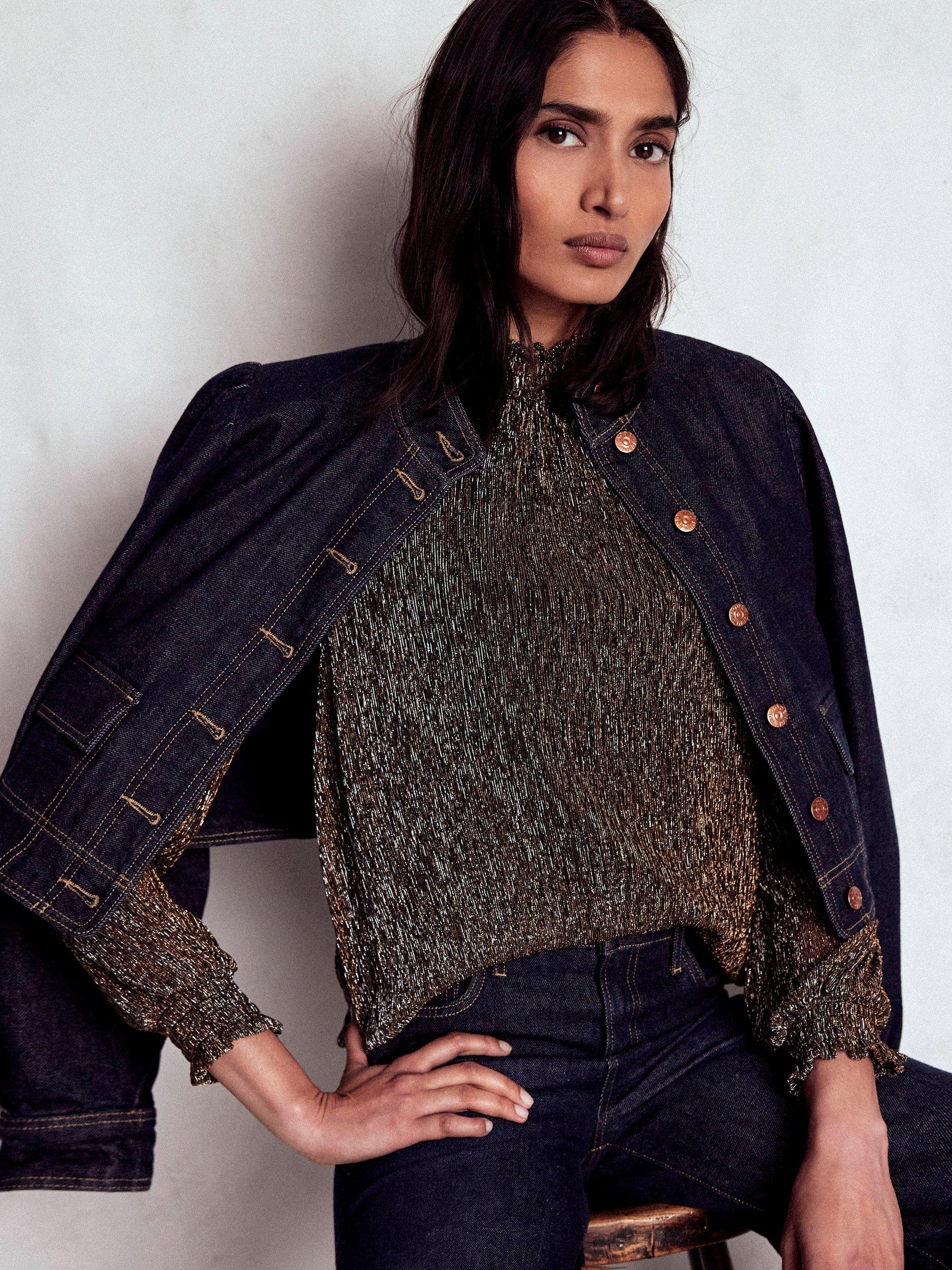 Product image 2 of 5, which shows Boden Long Sleeve High Neck Smocked Top, Metallic, 10