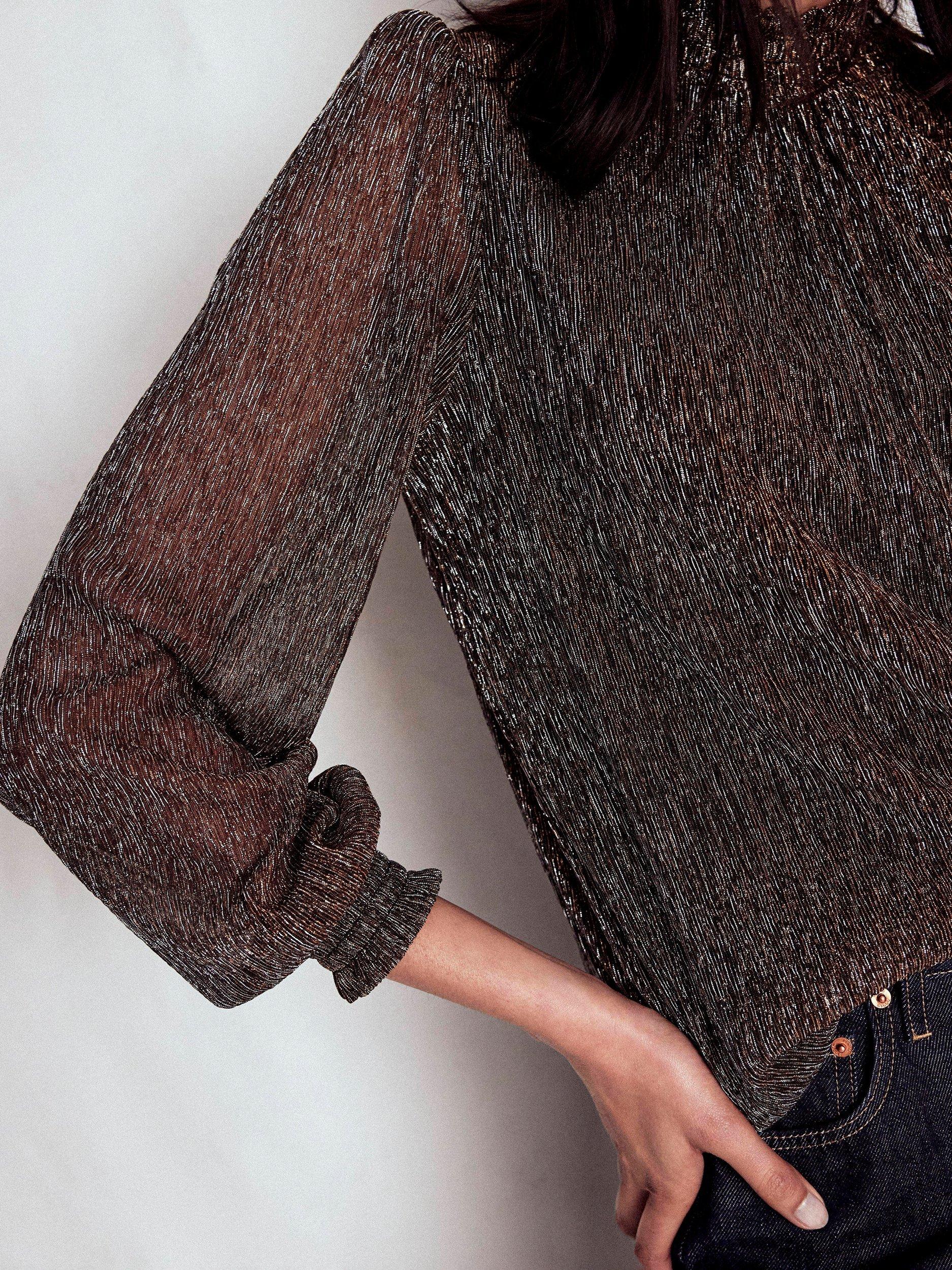 Product image 3 of 5, which shows Boden Long Sleeve High Neck Smocked Top, Metallic, 10