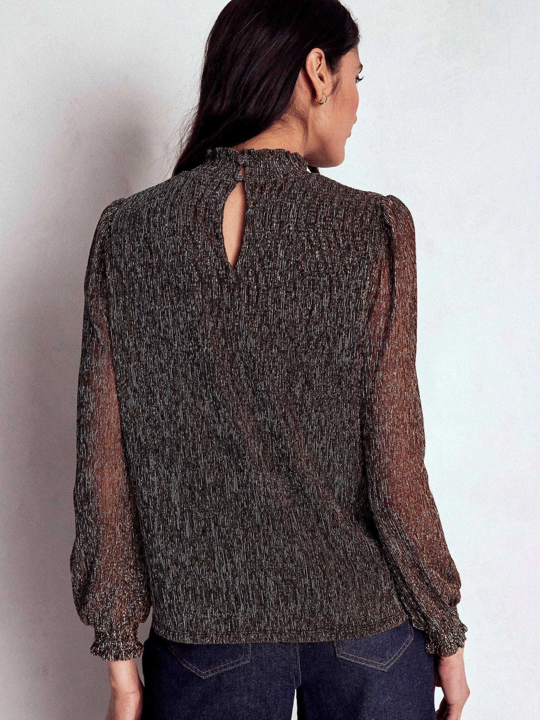 Product image 4 of 5, which shows Boden Long Sleeve High Neck Smocked Top, Metallic, 10