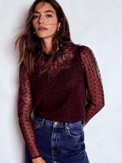 Boden Spot Tulle Yoke Embroidered Sheer Sleeve Ruffle Neck Blouse, Dark Cherry