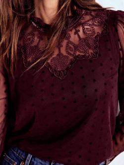 Boden Spot Tulle Yoke Embroidered Sheer Sleeve Ruffle Neck Blouse - view 2, Dark Cherry