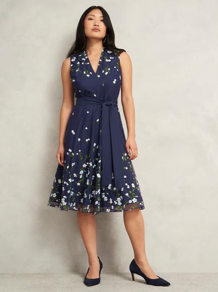 Hobbs Aria Floral Embroidered Flare Knee Length Dress, Midnight Blue