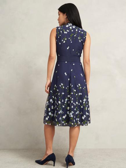 Hobbs Aria Floral Embroidered Flare Knee Length Dress - view 2, Midnight Blue