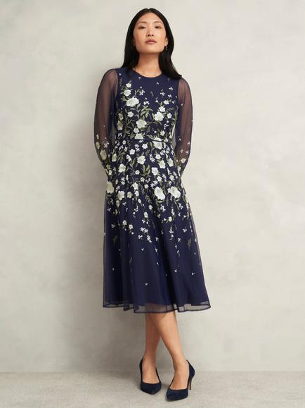 Hobbs Lois Floral Embroidered Flare Midi Dress, Midnight Yellow