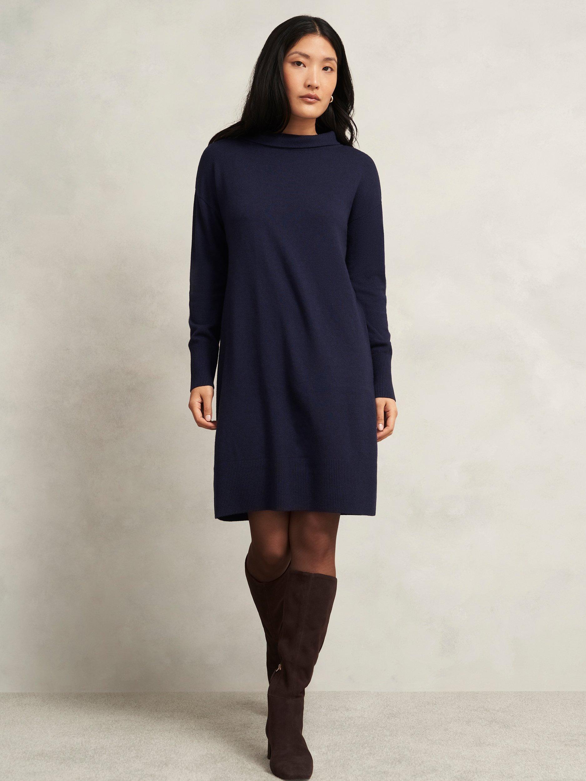 Product image 1 of 5, which shows Hobbs Audrey Wool Blend Knit Mini Jumper Dress, Midnight, L