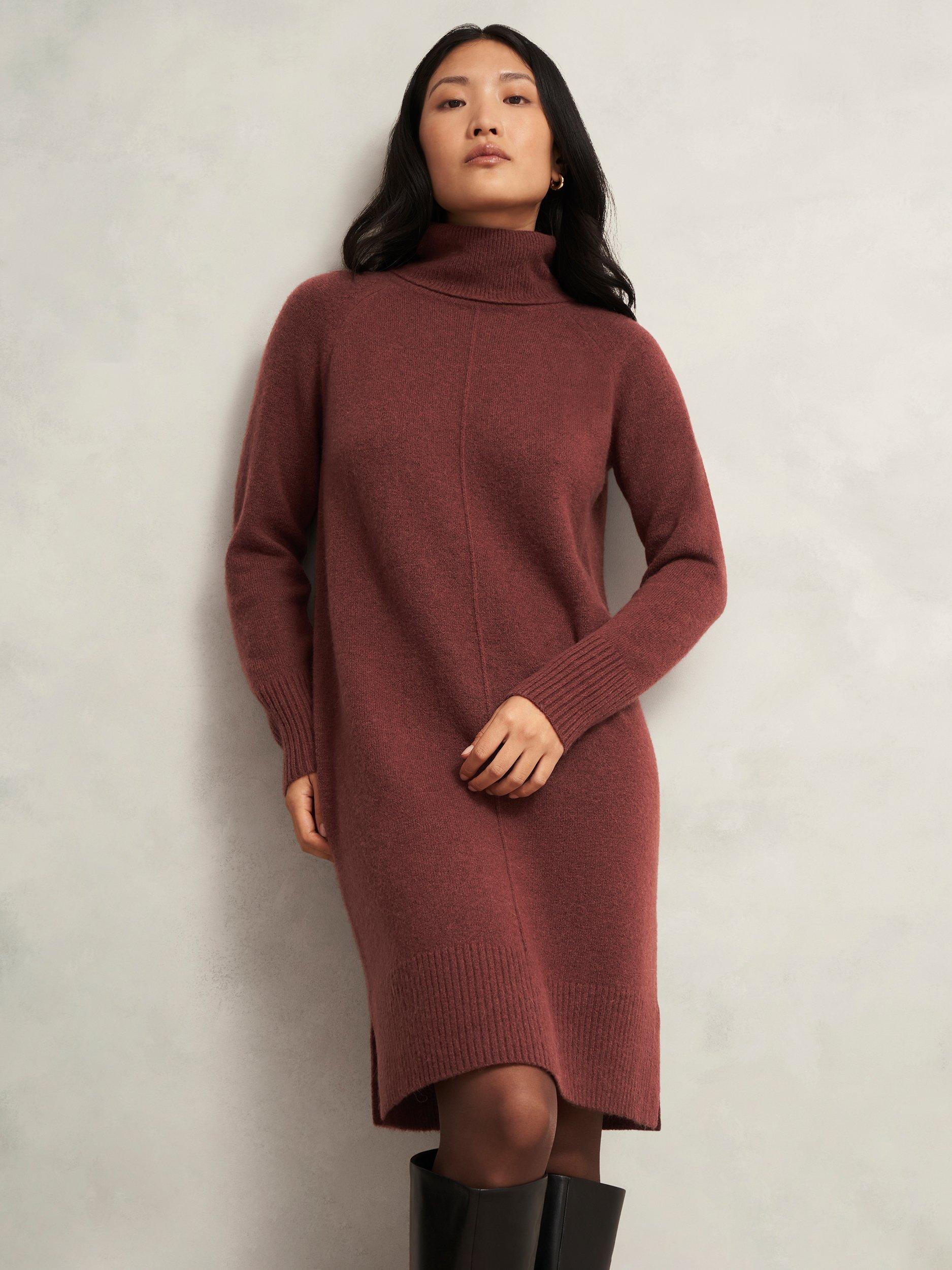 Product image 1 of 6, which shows Hobbs Nessa Knitted Wool Blend Mini Jumper Dress , Cinnamon Brown, L