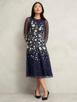 Hobbs Lois Petite Blouson Sleeve Floral Embroidered Midi Dress, Midnight Yellow