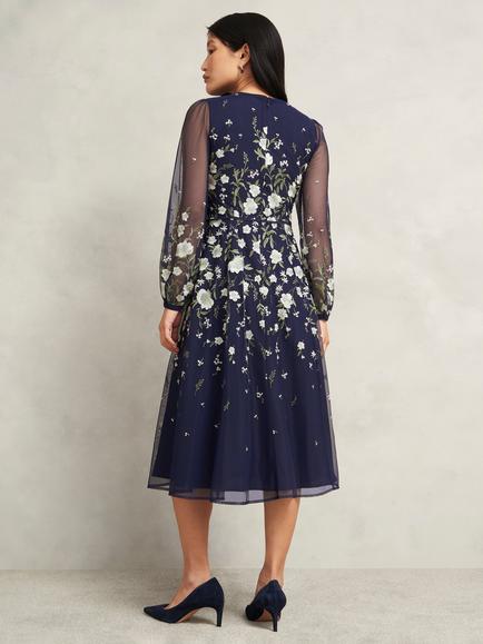 Hobbs Lois Petite Blouson Sleeve Floral Embroidered Midi Dress - view 2, Midnight Yellow