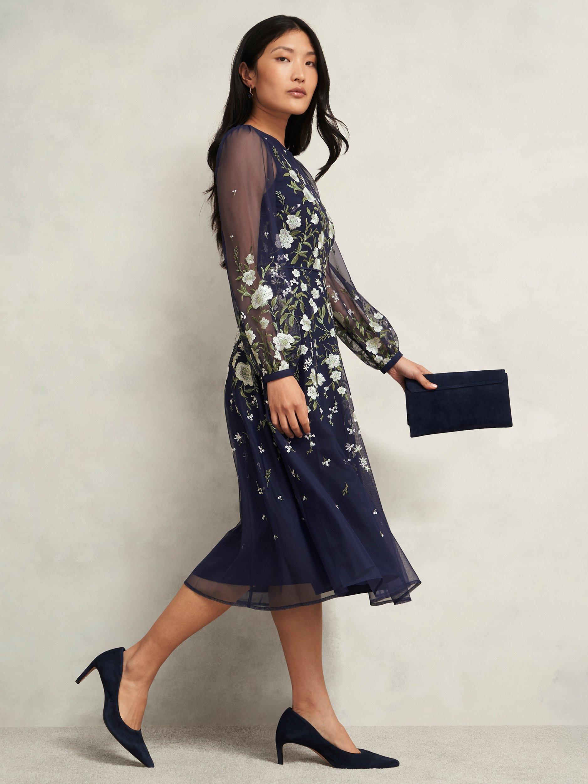 Hobbs Lois Petite Blouson Sleeve Floral Embroidered Midi Dress
