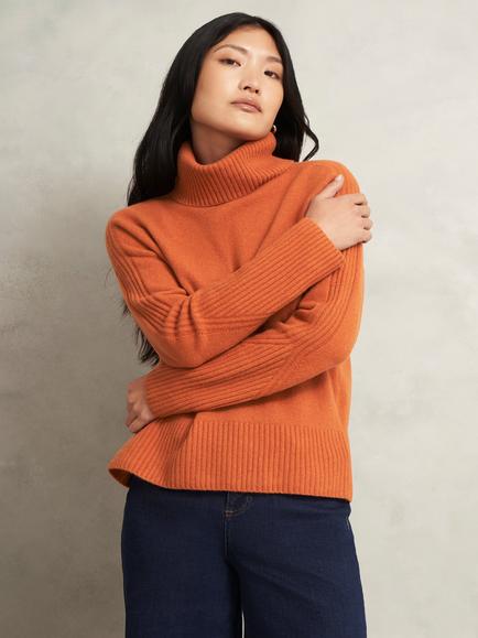 Hobbs Amber Roll Neck Cotton Blend Jumper, Copper Orange