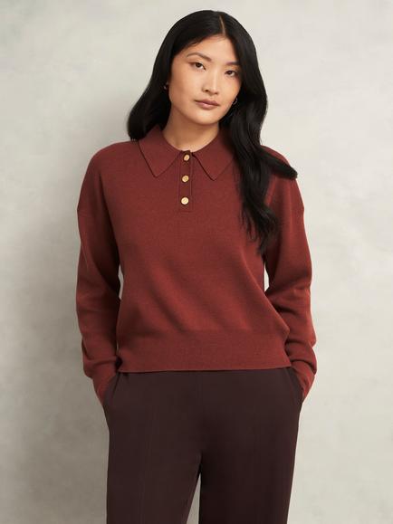 Hobbs Connie Polo Merino Wool Blend Jumper, Cinnamon Brown