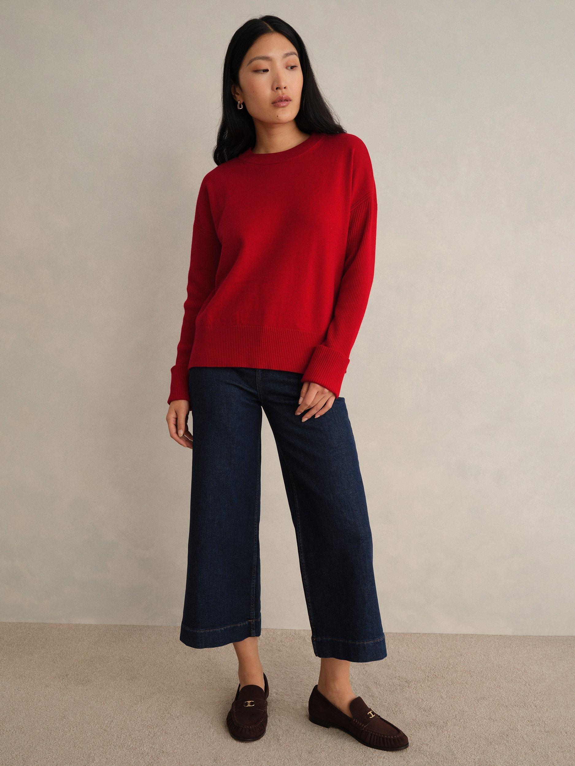 Product image 1 of 6, which shows Hobbs Darla Turn Back Cuff Wool Blend Jumper, Pomegranate Red, M
