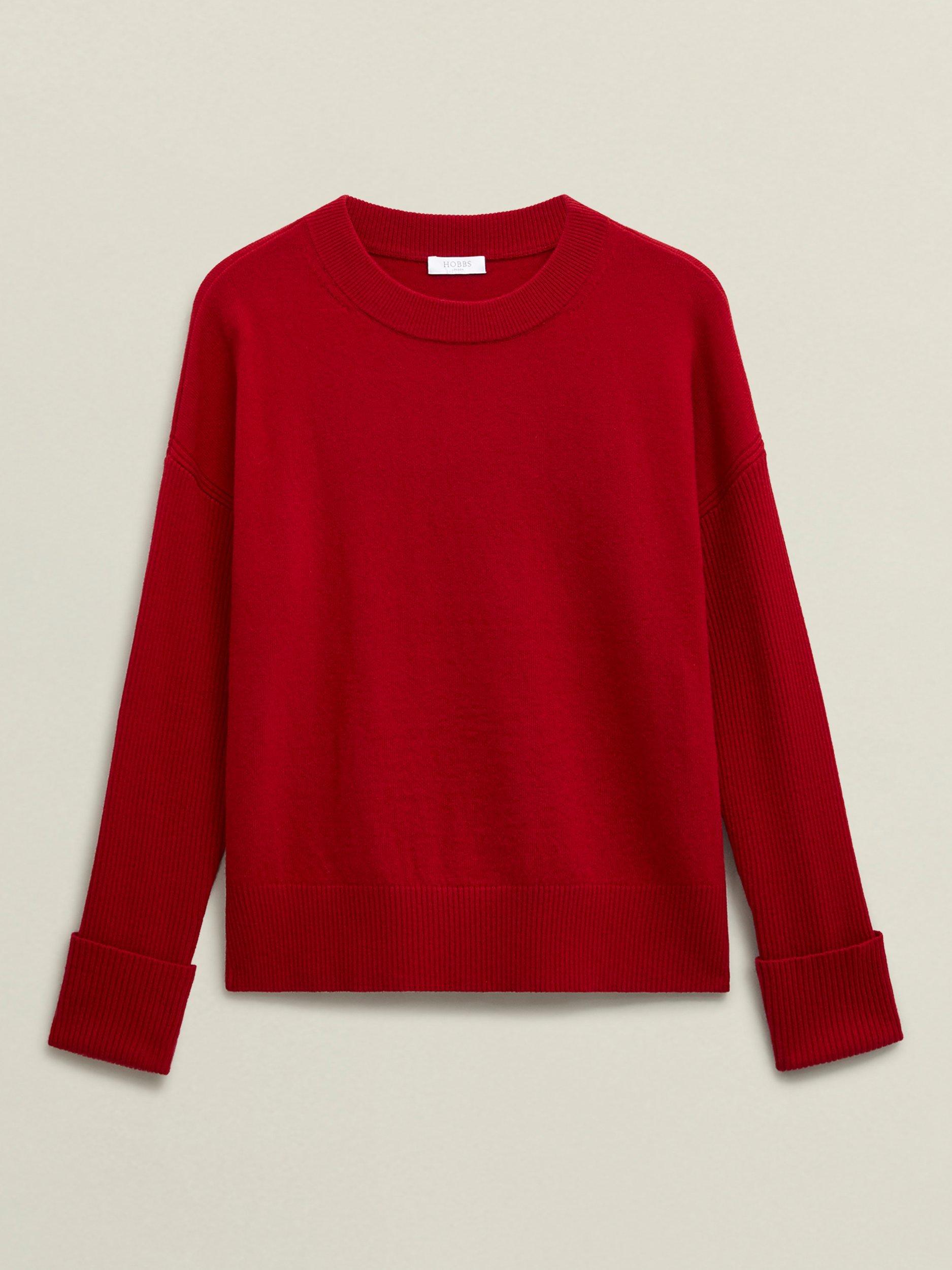 Product image 4 of 6, which shows Hobbs Darla Turn Back Cuff Wool Blend Jumper, Pomegranate Red, M