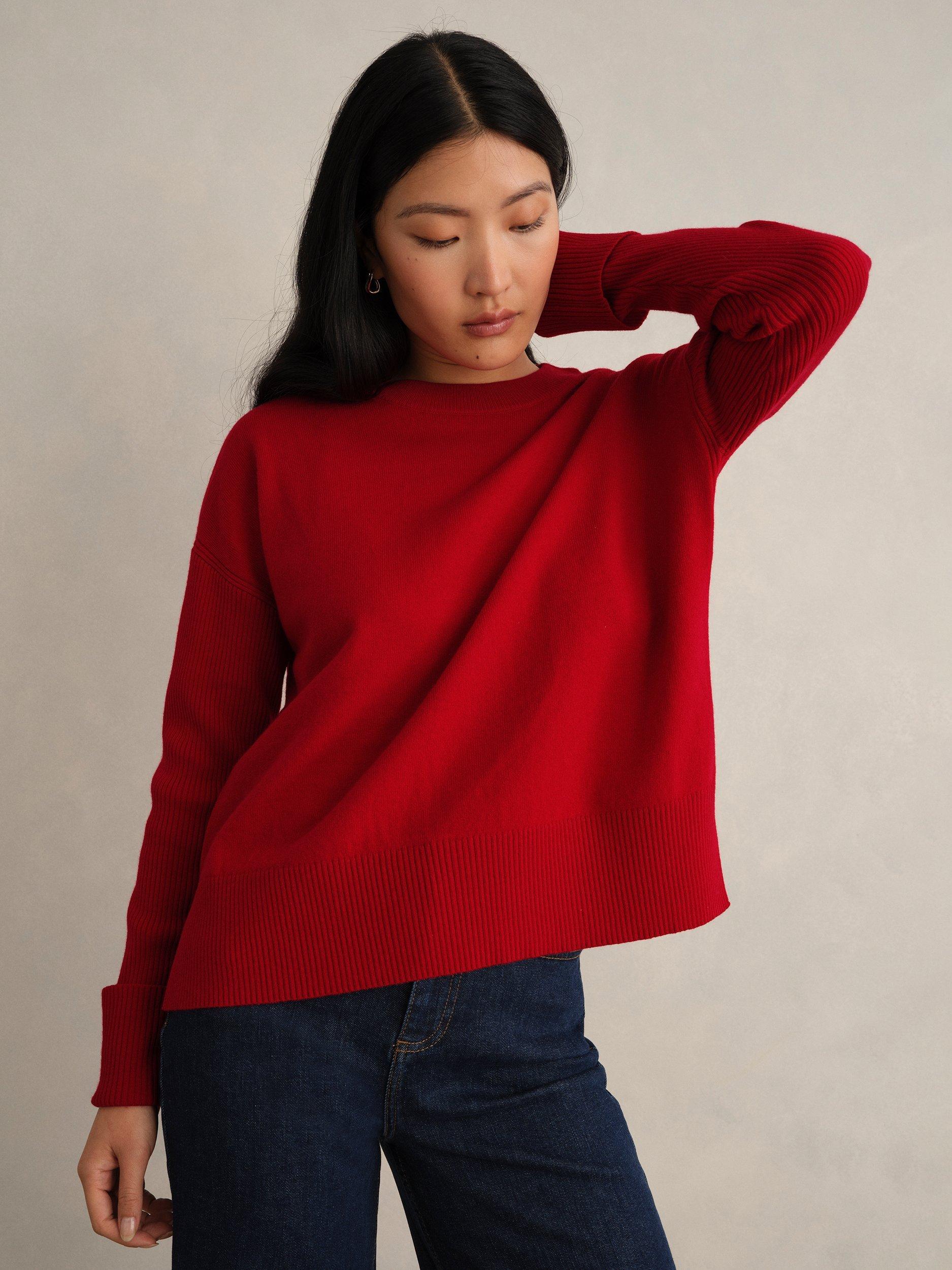 Product image 5 of 6, which shows Hobbs Darla Turn Back Cuff Wool Blend Jumper, Pomegranate Red, M