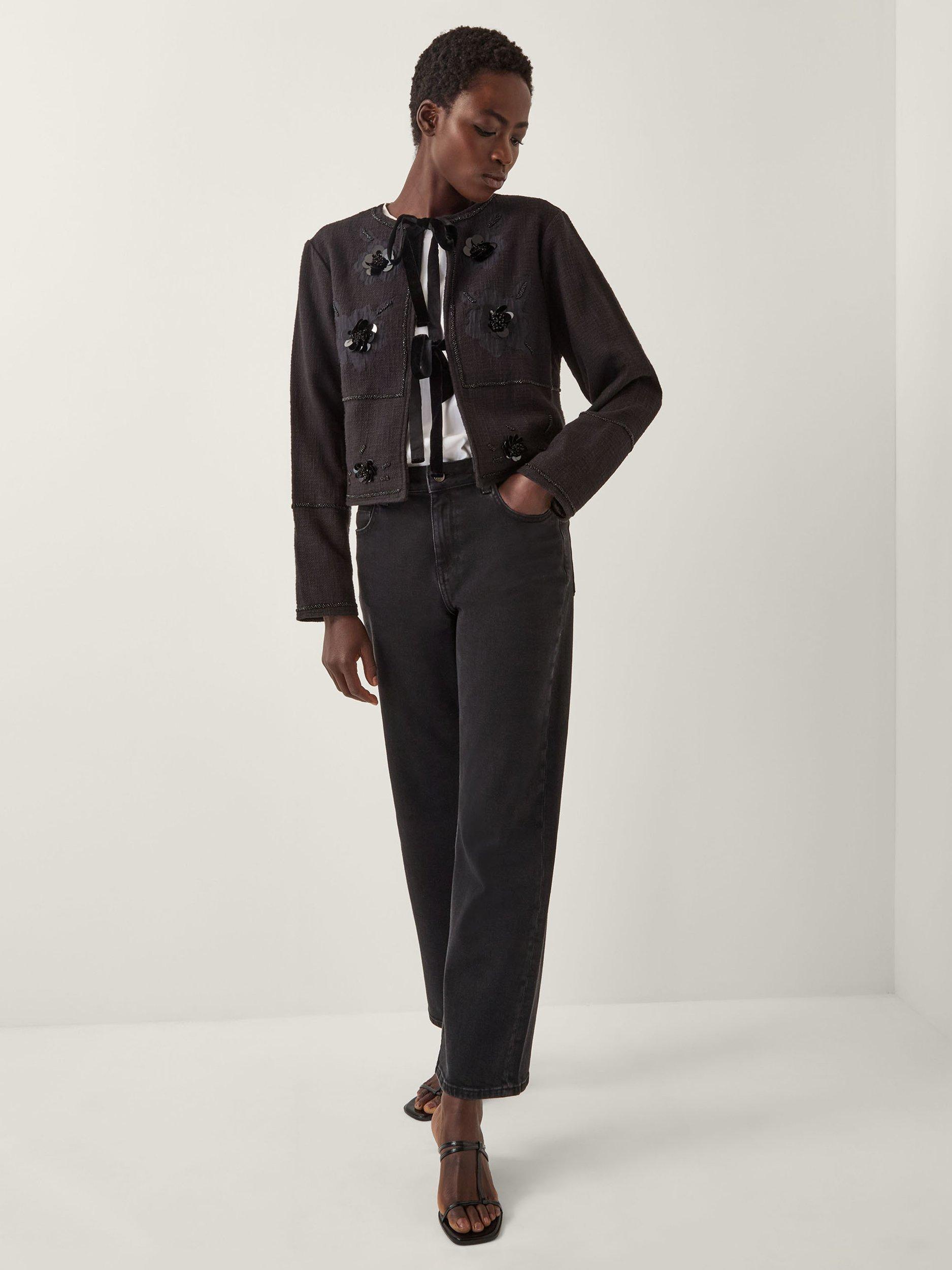 Product image 1 of 4, which shows Monsoon Lola Tie Front Jacquard Jacket, Black, S