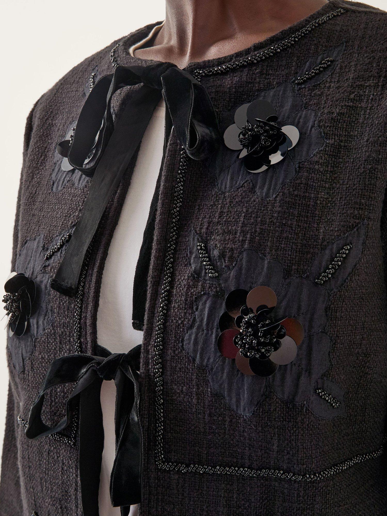 Product image 3 of 4, which shows Monsoon Lola Tie Front Jacquard Jacket, Black, S