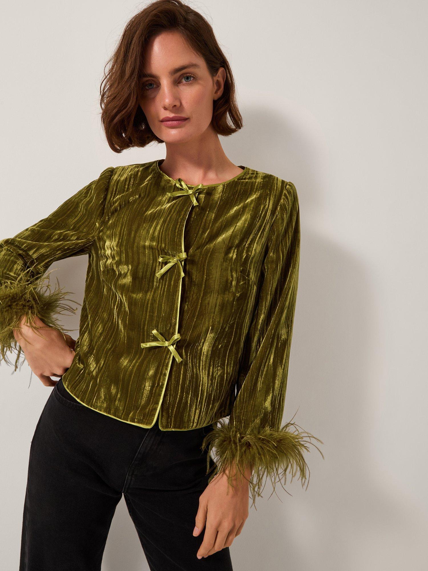 Product image 1 of 6, which shows Monsoon Olivia Feather Jacket, Olive, 12