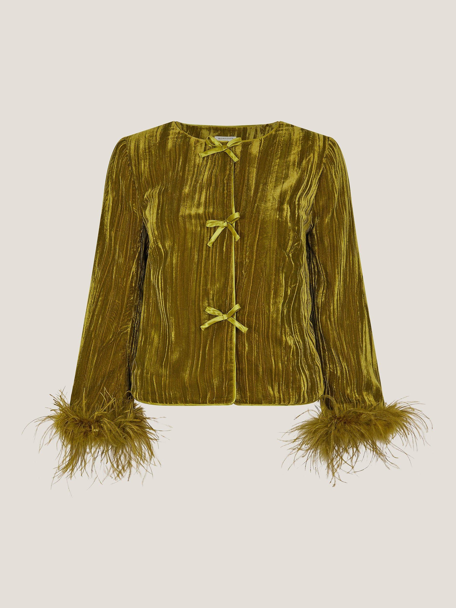 Product image 6 of 6, which shows Monsoon Olivia Feather Jacket, Olive, 12