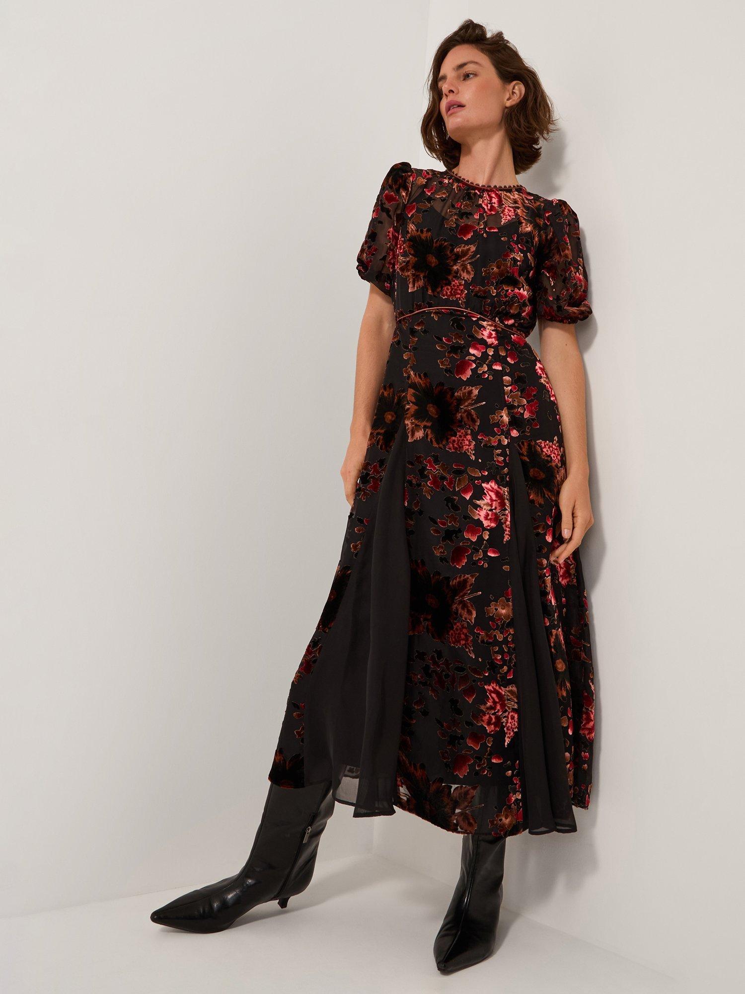 Product image 1 of 5, which shows Monsoon Carolyn Devoré Long Sleeve Midi Dress, Black, 8