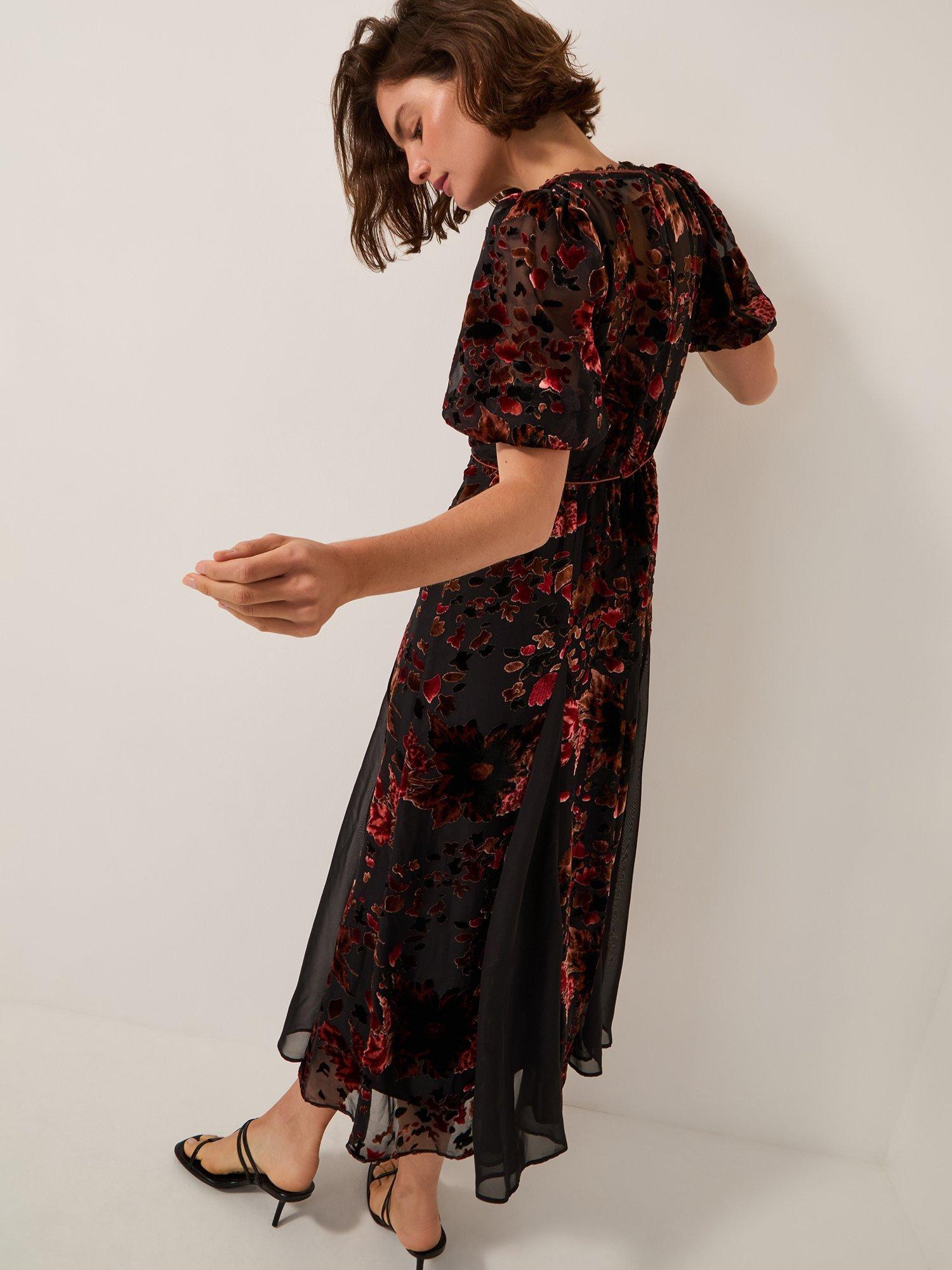 Product image 2 of 5, which shows Monsoon Carolyn Devoré Long Sleeve Midi Dress, Black, 8