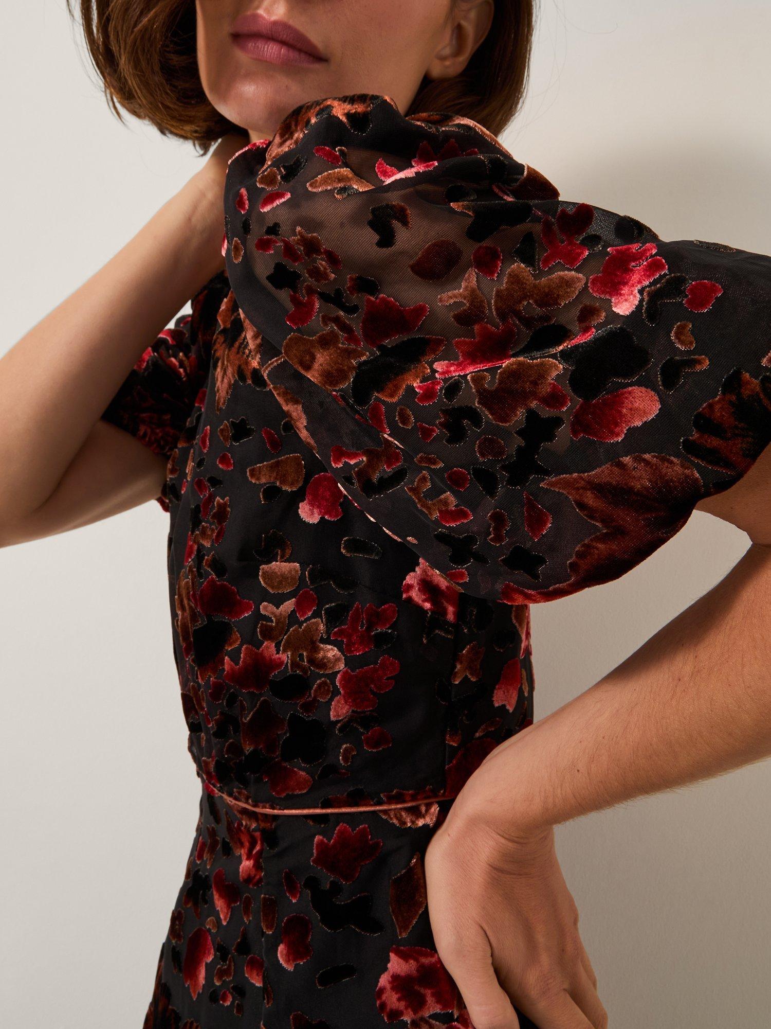 Product image 3 of 5, which shows Monsoon Carolyn Devoré Long Sleeve Midi Dress, Black, 8