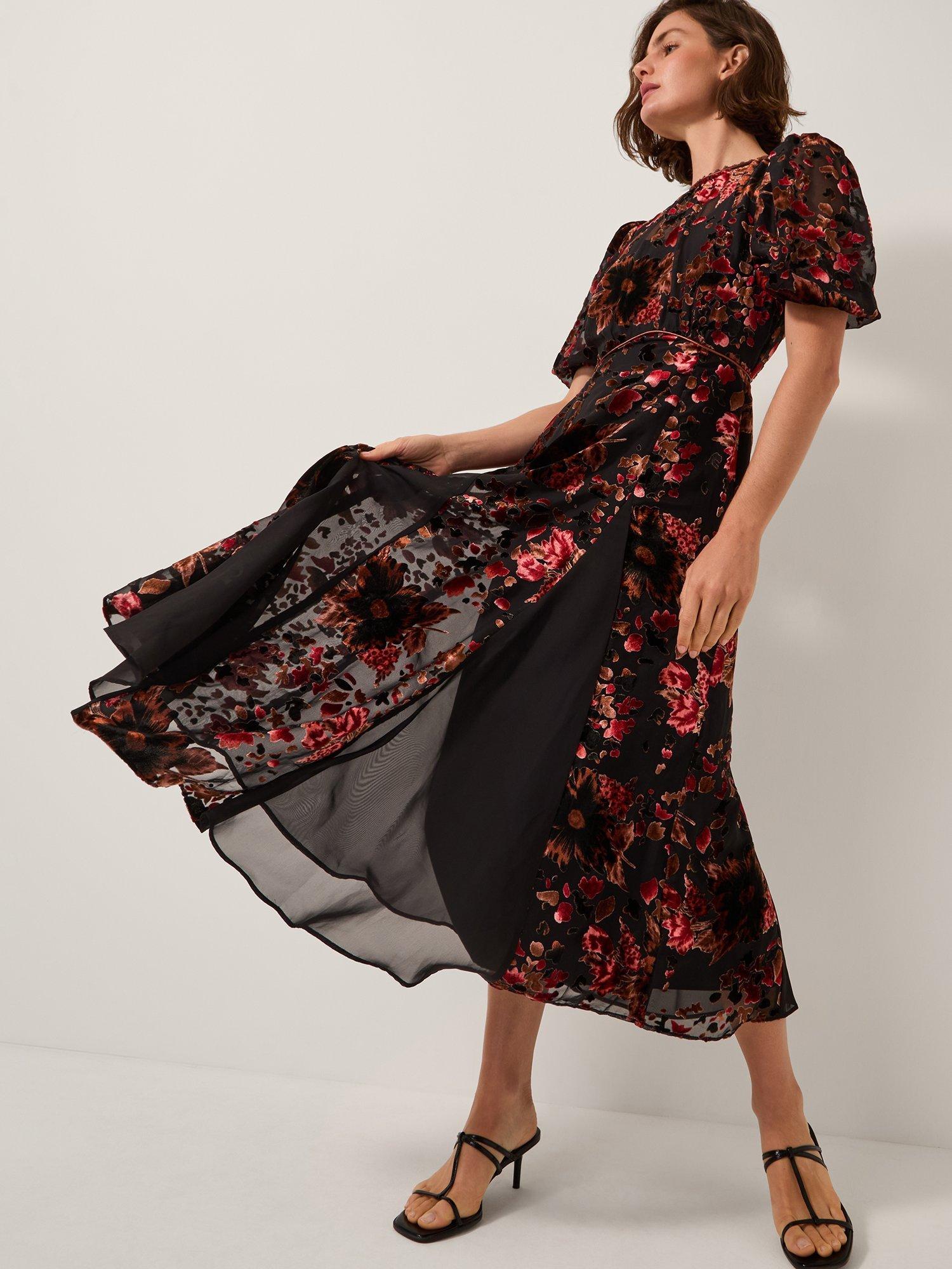 Product image 4 of 5, which shows Monsoon Carolyn Devoré Long Sleeve Midi Dress, Black, 8