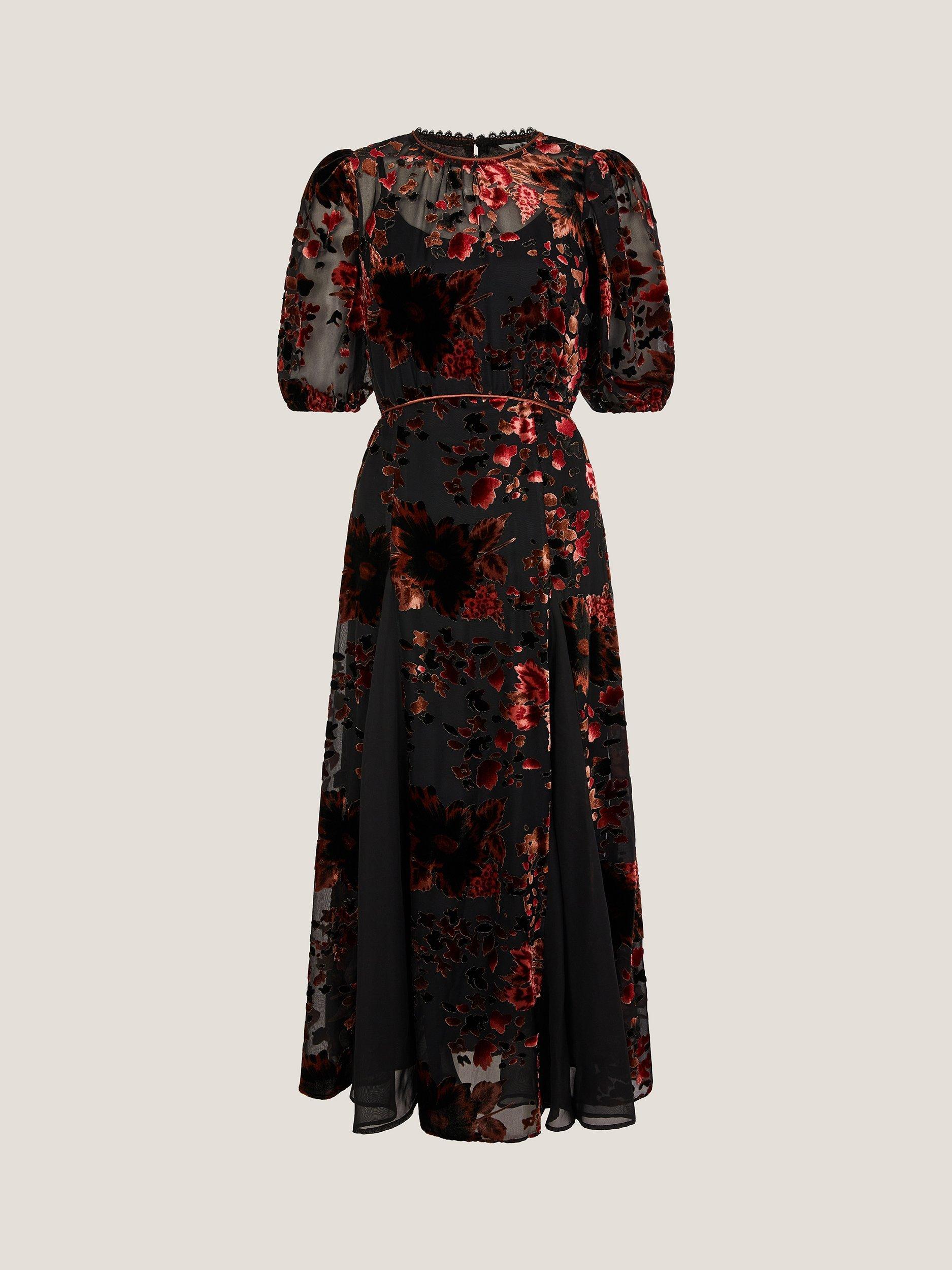 Product image 5 of 5, which shows Monsoon Carolyn Devoré Long Sleeve Midi Dress, Black, 8