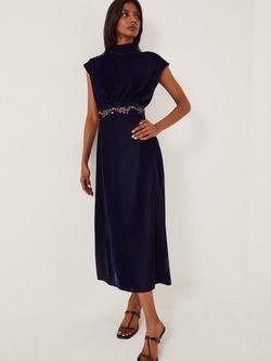 Monsoon Grace Velvet Cap Sleeve Midi Dress, Navy, Navy
