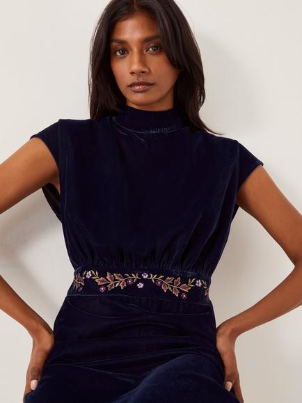 Monsoon Grace Velvet Cap Sleeve Midi Dress, Navy - view 2, Navy