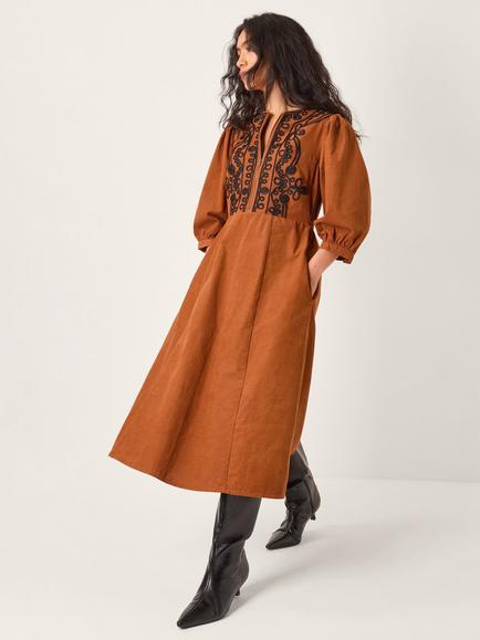 Monsoon Leah Embroidered Corduroy Midi Dress, Copper, Copper