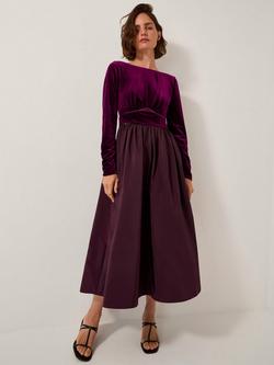 Monsoon Vita Split Velvet Midi Dress, Aubergine, Aubergine
