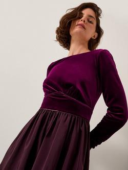 Monsoon Vita Split Velvet Midi Dress, Aubergine - view 2, Aubergine