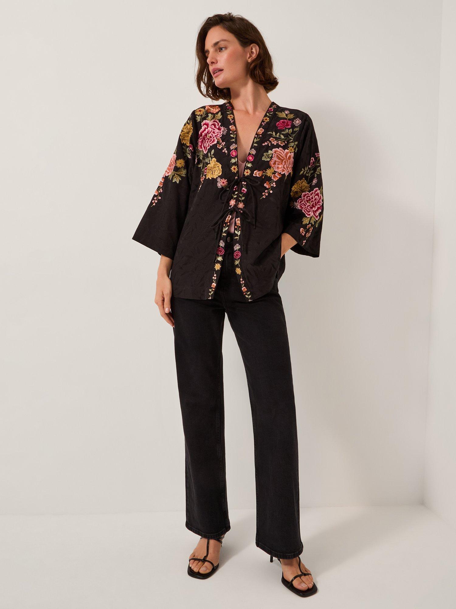 Product image 1 of 5, which shows Monsoon Maggie Floral Embroidered Kimono, Black, L