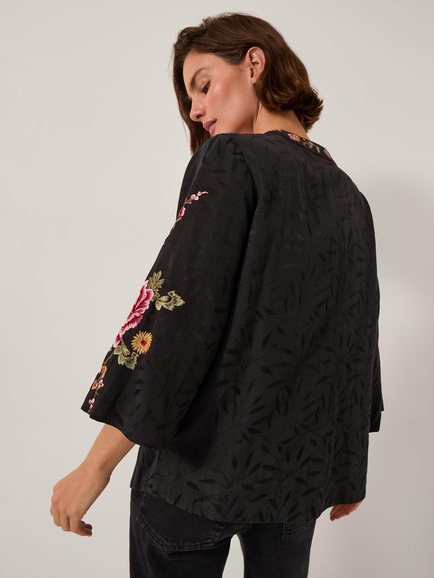Product image 2 of 5, which shows Monsoon Maggie Floral Embroidered Kimono, Black, L