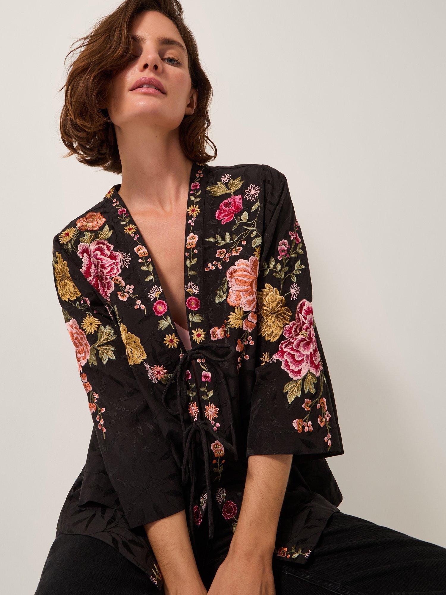 Product image 3 of 5, which shows Monsoon Maggie Floral Embroidered Kimono, Black, L