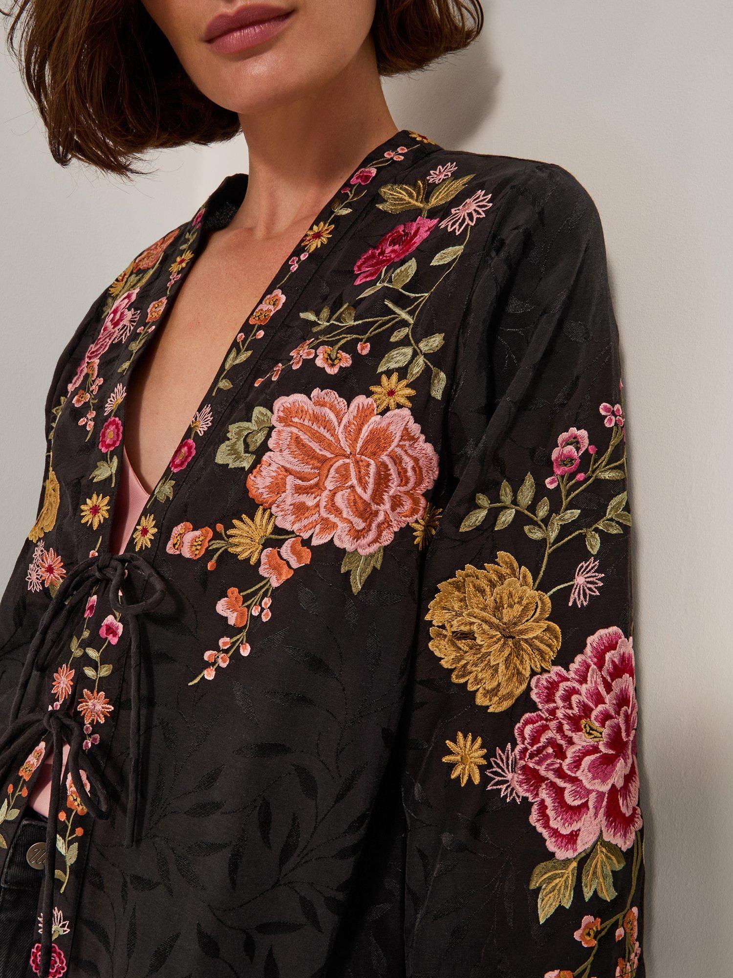 Product image 4 of 5, which shows Monsoon Maggie Floral Embroidered Kimono, Black, L