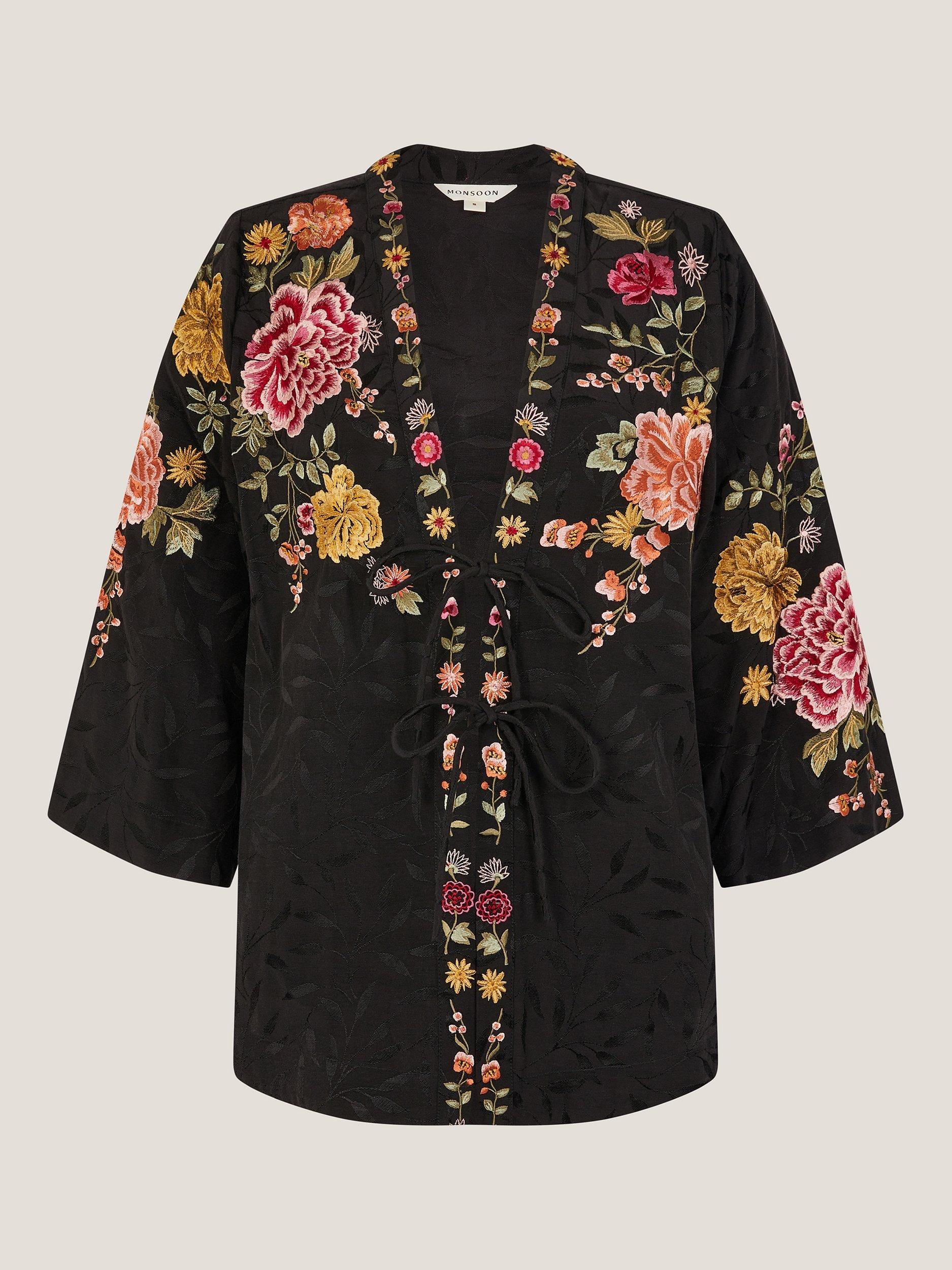 Product image 5 of 5, which shows Monsoon Maggie Floral Embroidered Kimono, Black, L