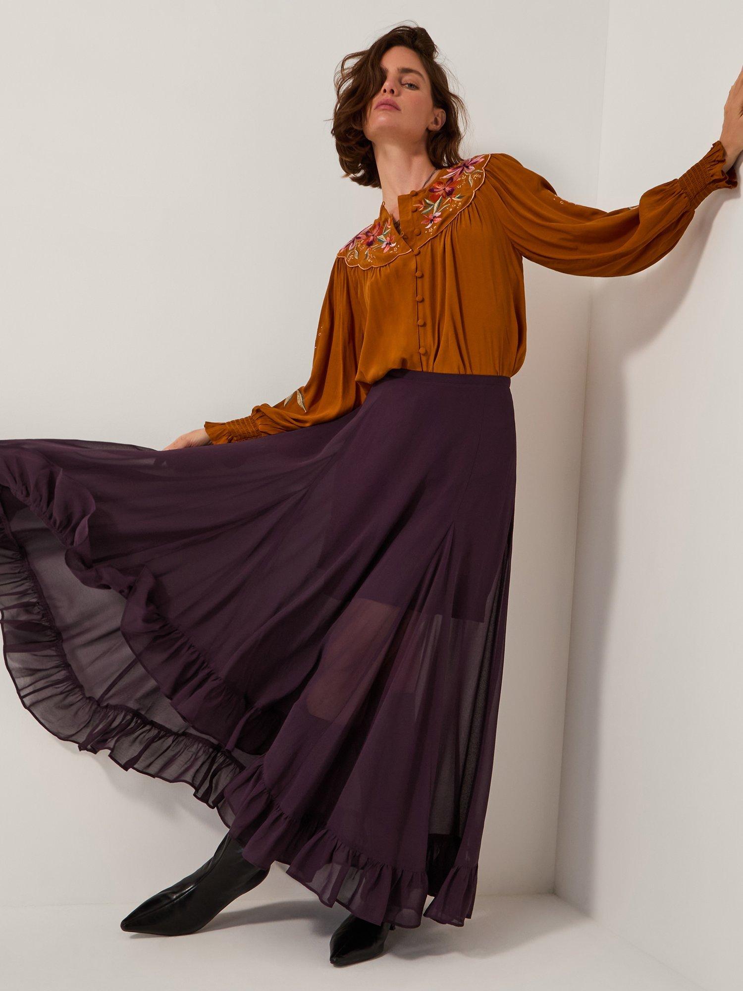 Product image 1 of 5, which shows Monsoon Elsie Frill Maxi Skirt, Purple, 8
