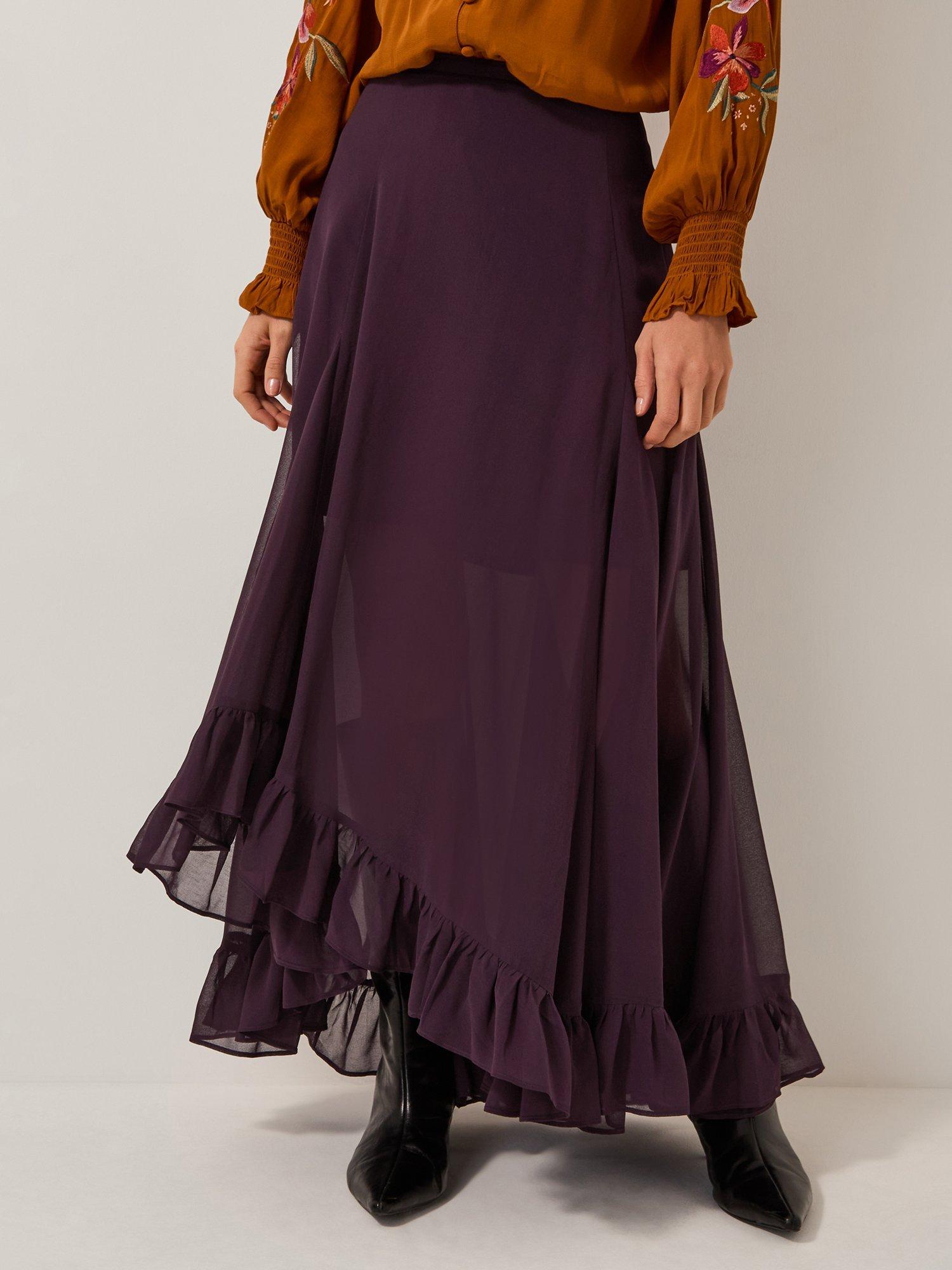 Product image 3 of 5, which shows Monsoon Elsie Frill Maxi Skirt, Purple, 8