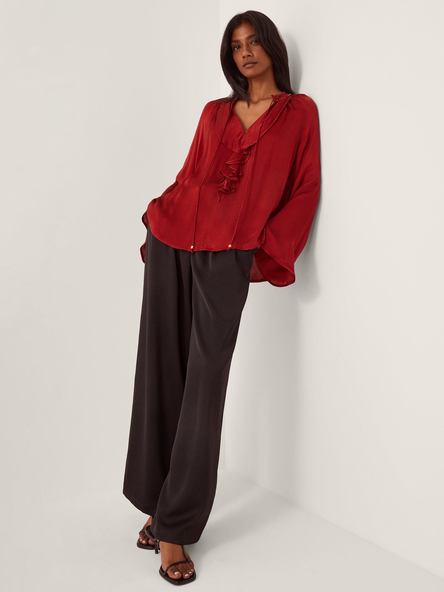 Product image 1 of 5, which shows Monsoon Arlette Frill Blouse, Burgundy, S
