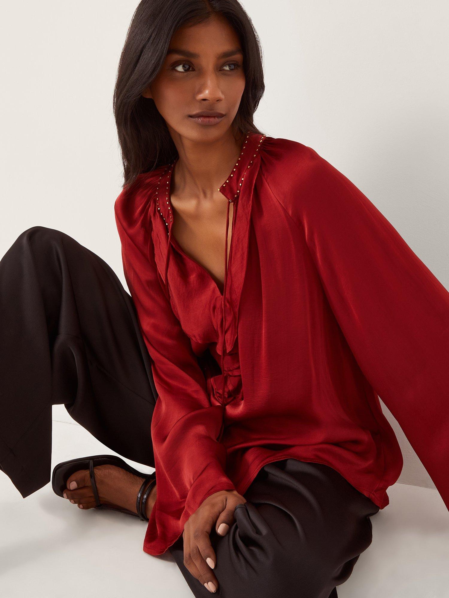 Product image 3 of 5, which shows Monsoon Arlette Frill Blouse, Burgundy, S