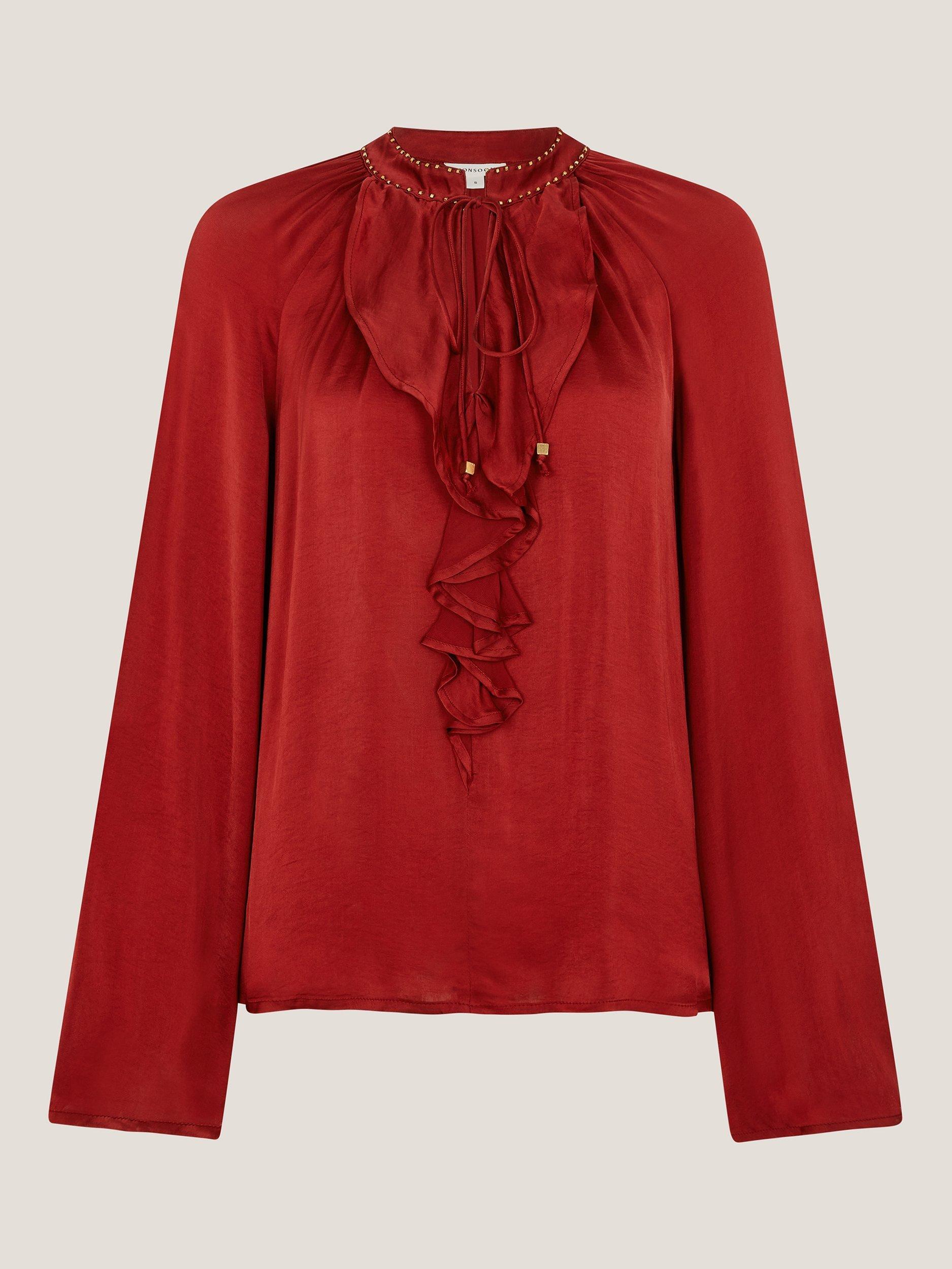 Product image 5 of 5, which shows Monsoon Arlette Frill Blouse, Burgundy, S