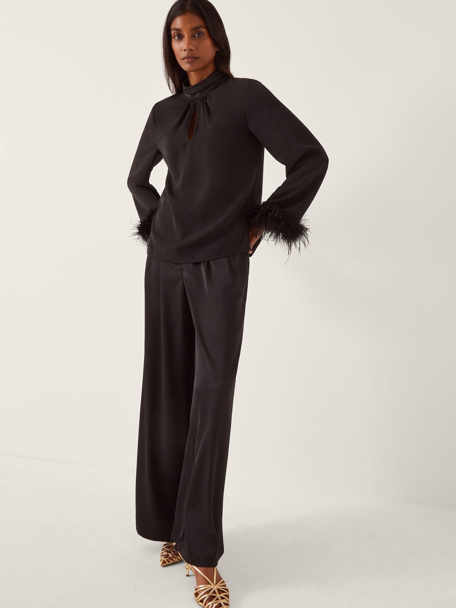 Product image 1 of 4, which shows Monsoon Luella Feather Trim Top, Black, 8