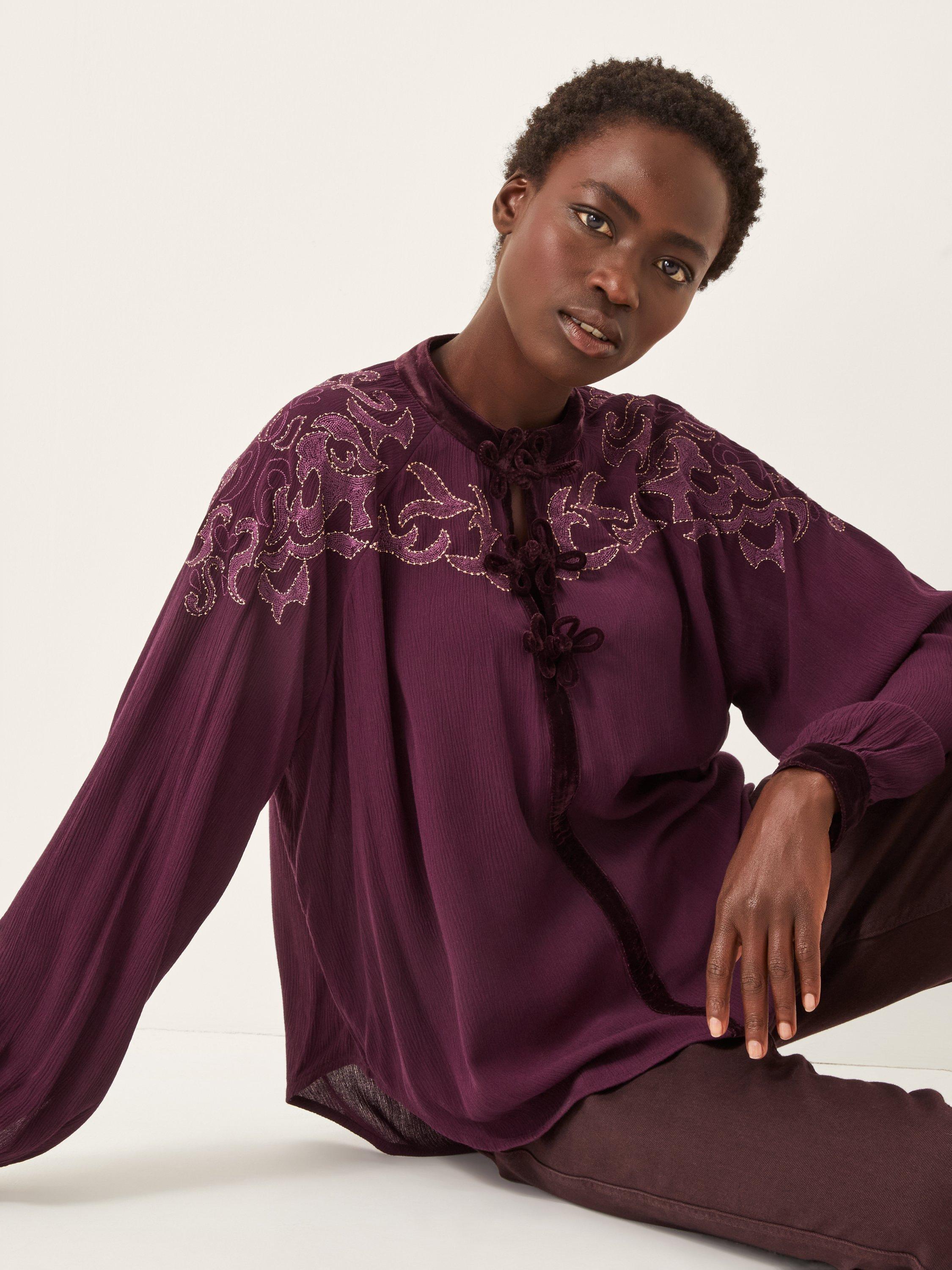 Product image 1 of 5, which shows Monsoon Mallory Embroidered Blouse, Purple, S
