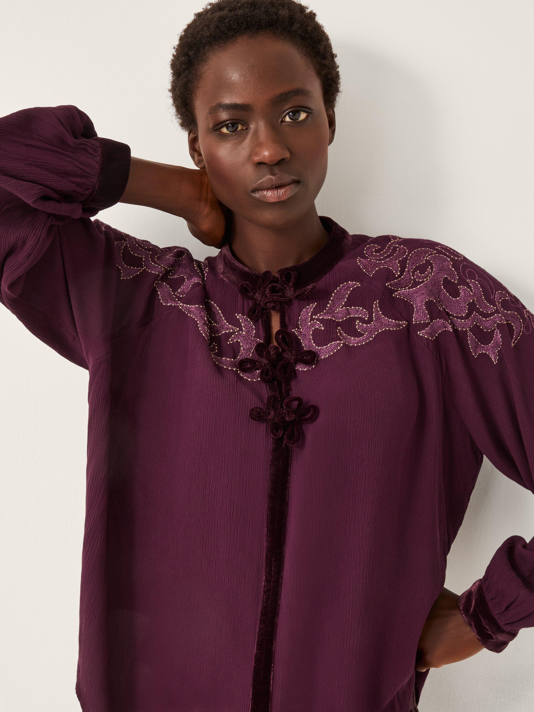 Product image 3 of 5, which shows Monsoon Mallory Embroidered Blouse, Purple, S